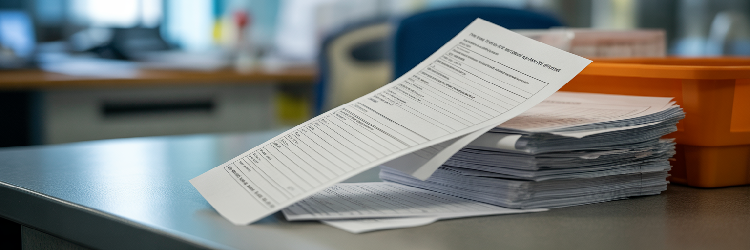 Disorganised pile of patient referral forms