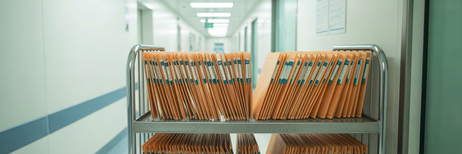 Trolley stacked with patient case files