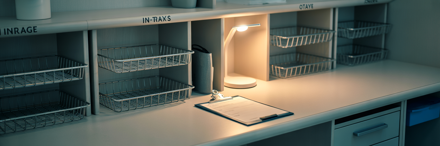 Organised hospital triage desk with trays