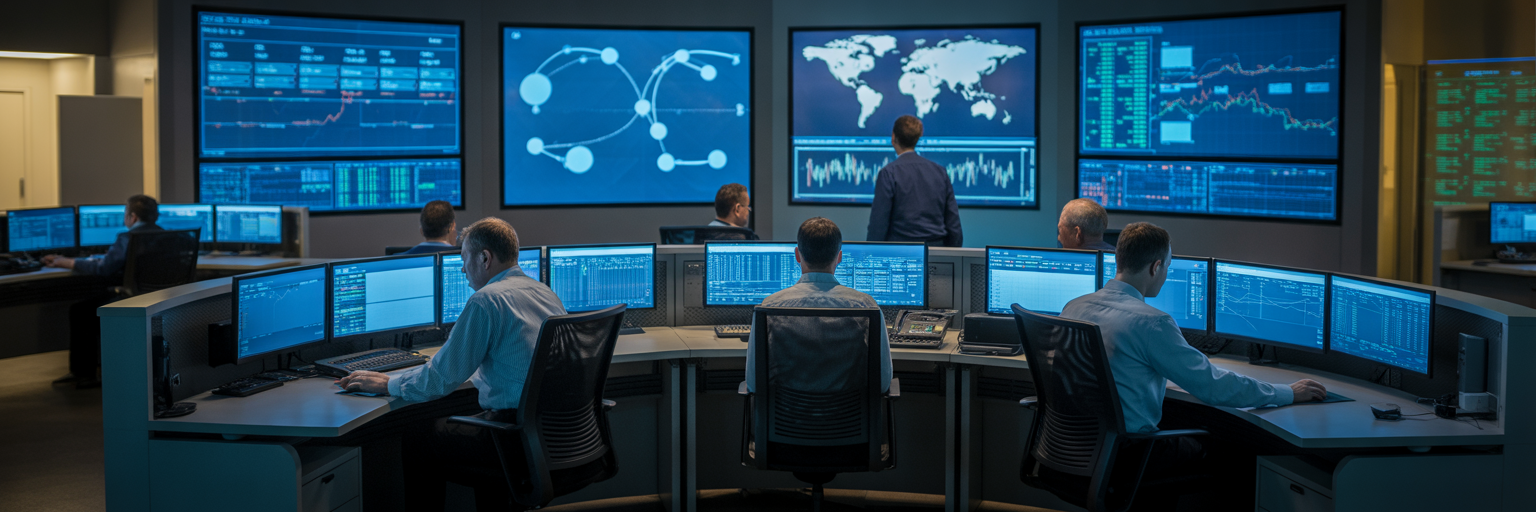 Financial services control room with analysts at work.