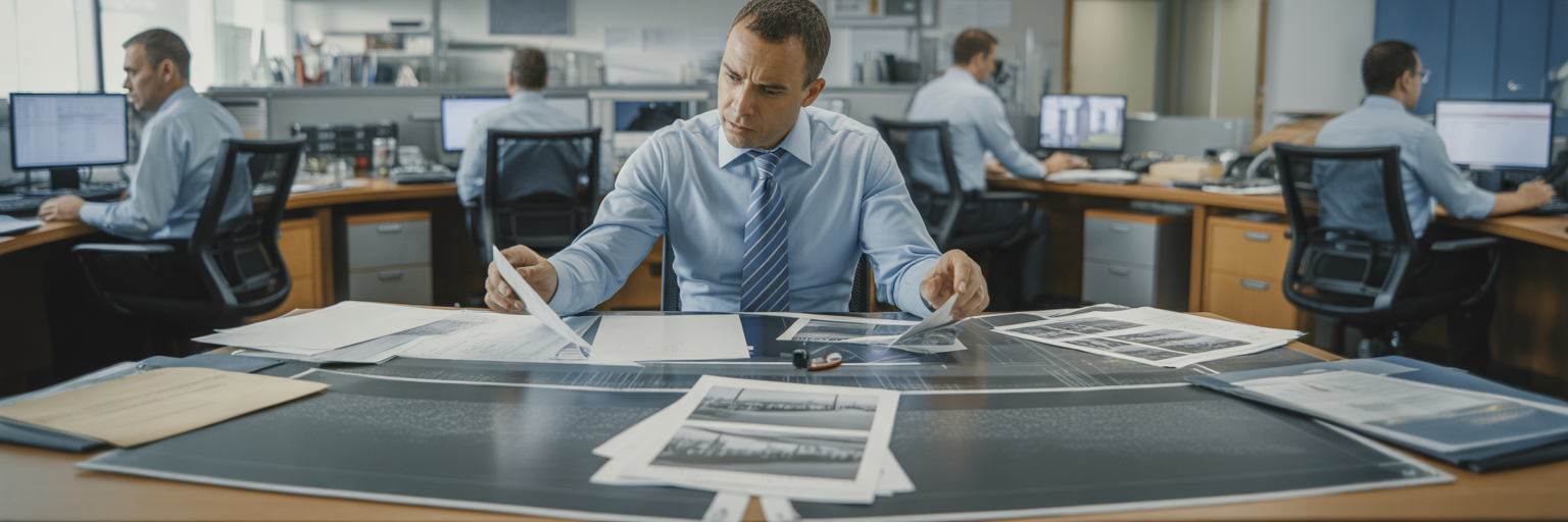 Insurance underwriter reviewing complex claim file.