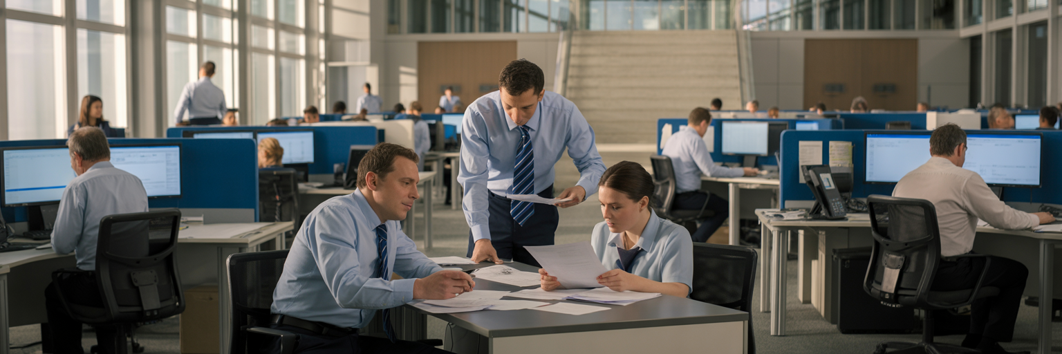 Public sector case workers in modern UK office.