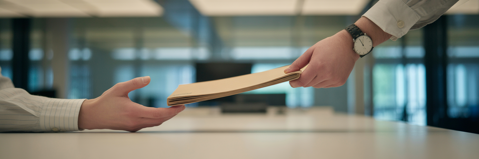 Handing over a document on desk