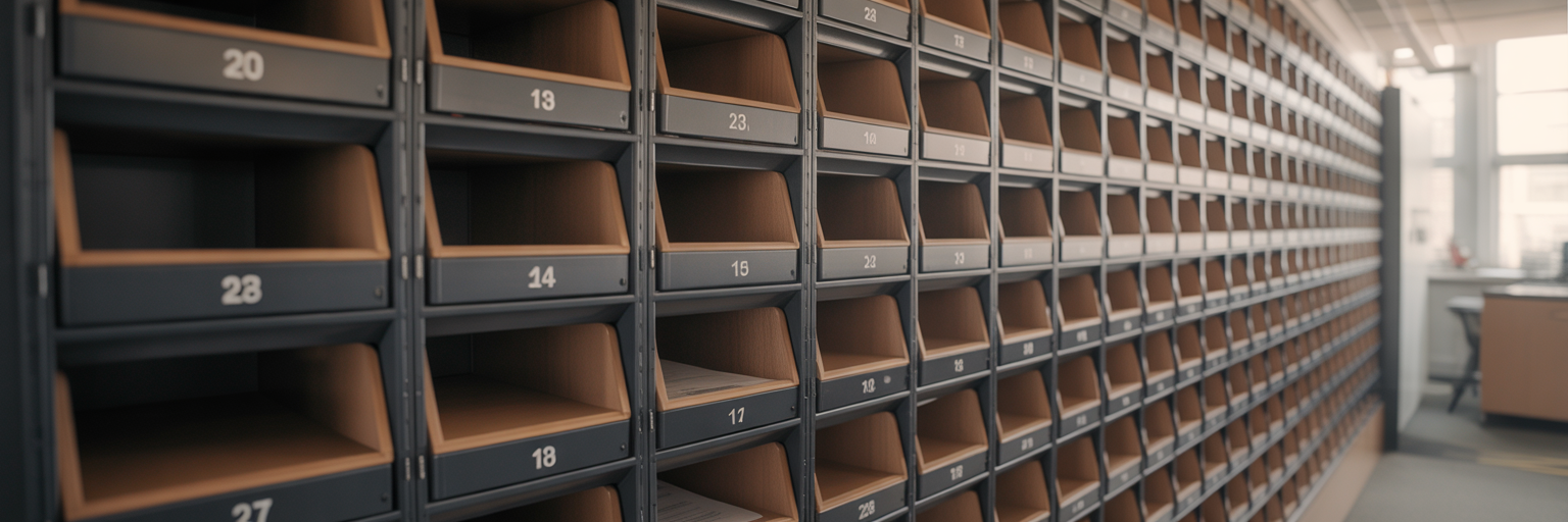 Empty wooden sorting trays on wall