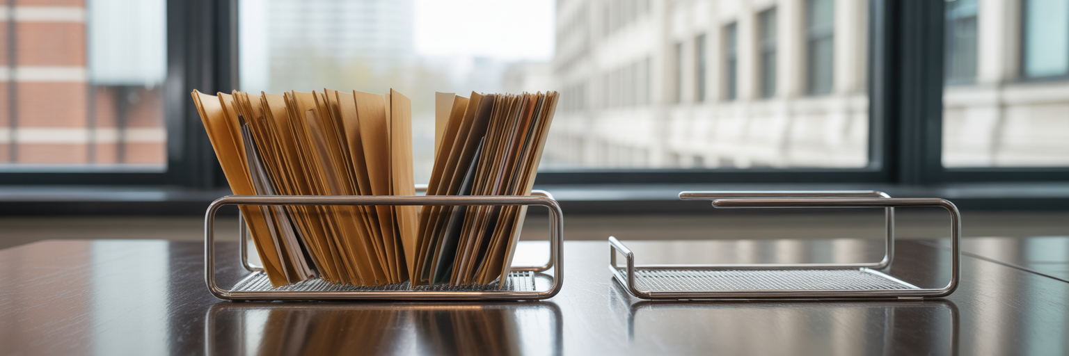 Physical case files in office in-tray