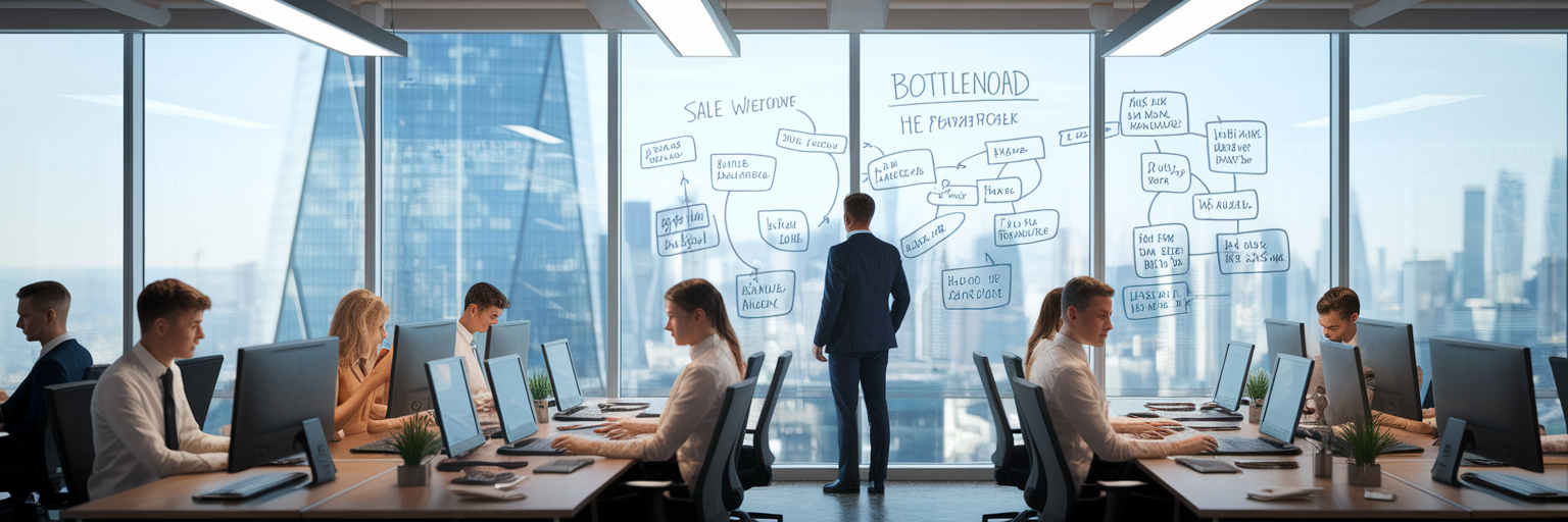 Sales manager reviewing workflow on whiteboard.