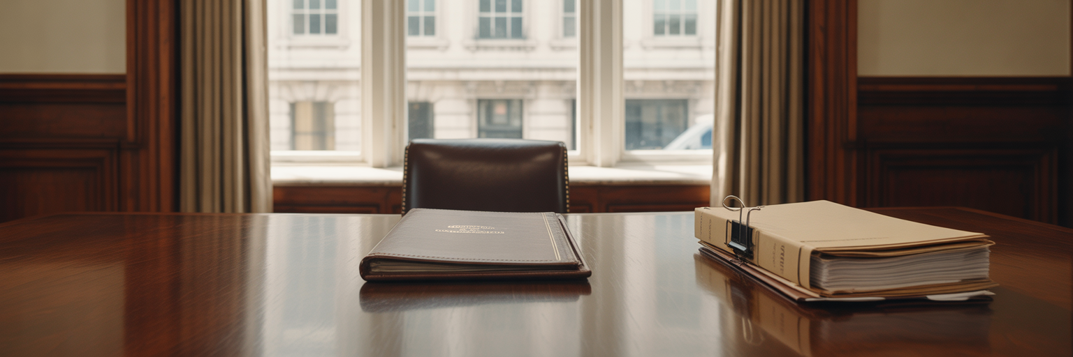 Compliance document and case files on boardroom table.