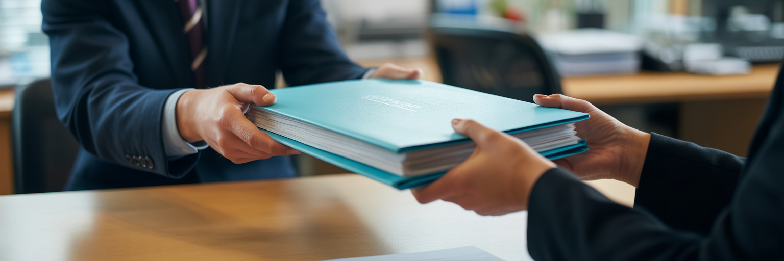 Business professionals handing over client file.