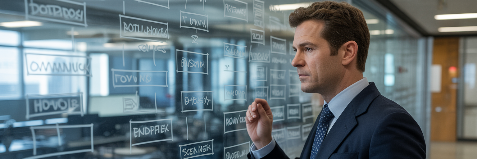 Operations manager reviewing workflow diagram