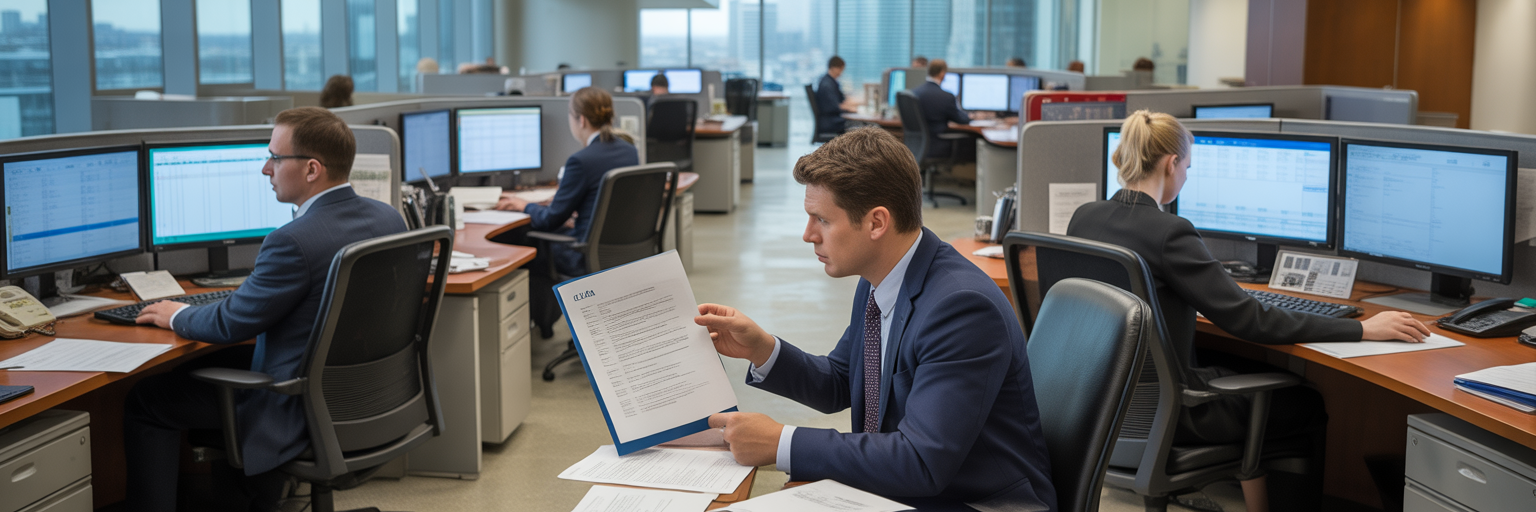 Financial services underwriting team at work.