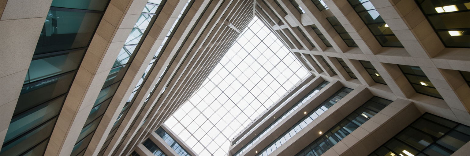 Complex interior architecture of a large building.