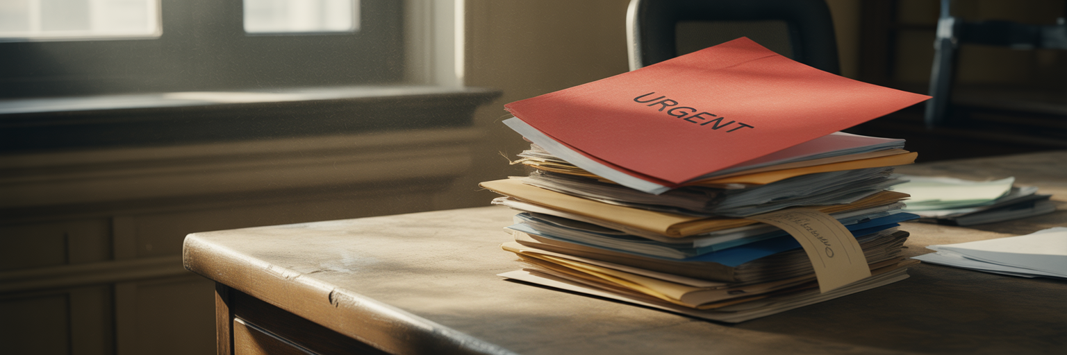 Red urgent case file falling from stack.