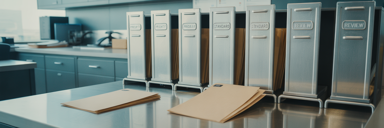 Metal sorting trays with case files.