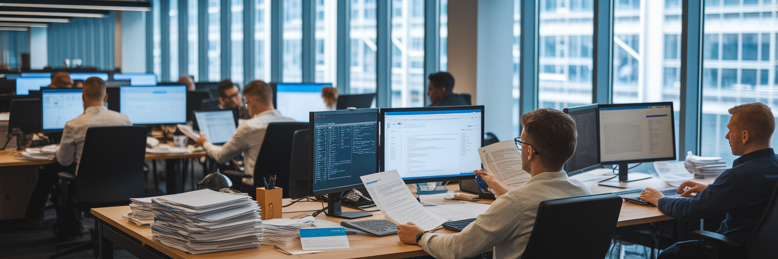 Insurance underwriters working in a busy London office.