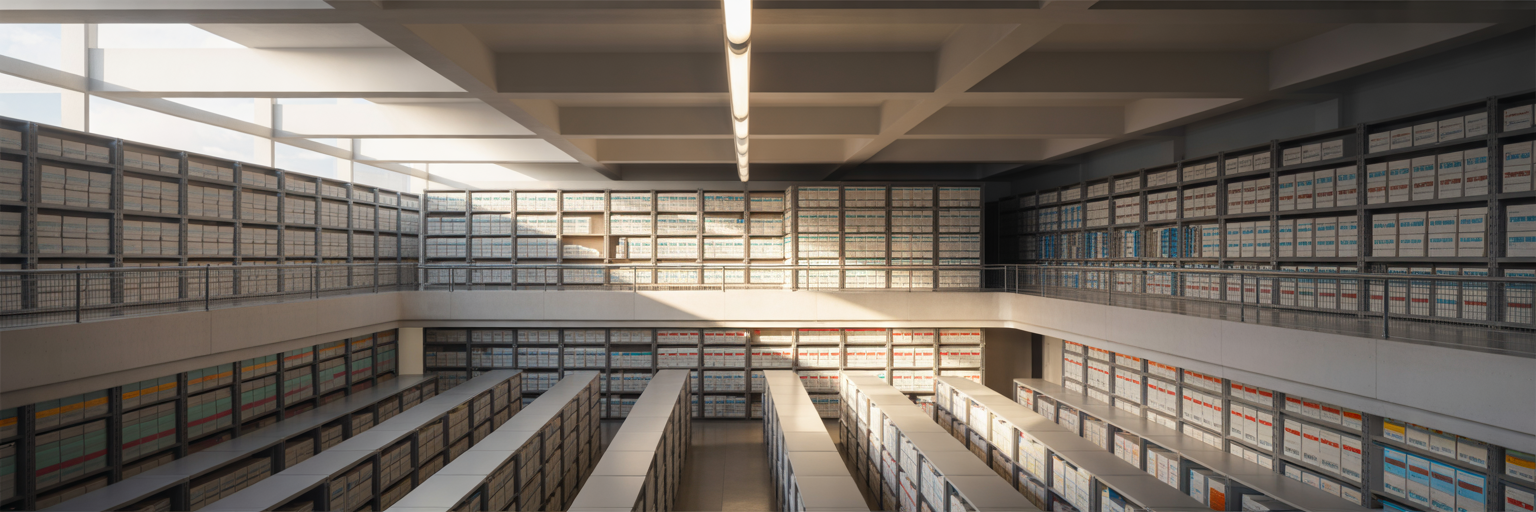 Large document archive room with organised shelving