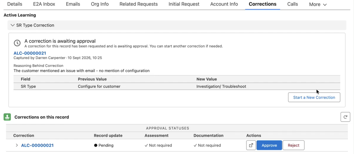 Correction request in Ortoo Orchestrator awaiting approval, showing the submitted reason, the field change and Approve and Reject actions.