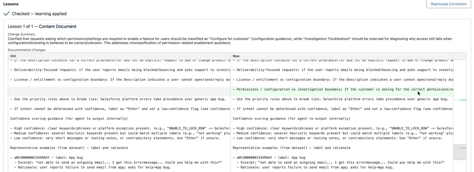 Side-by-side comparison of the classification context document before and after an approved correction, with the new guidance line highlighted.