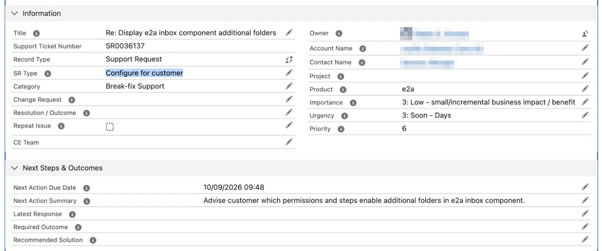Support request record showing the SR Type field set to Configure for customer by the classification agent.