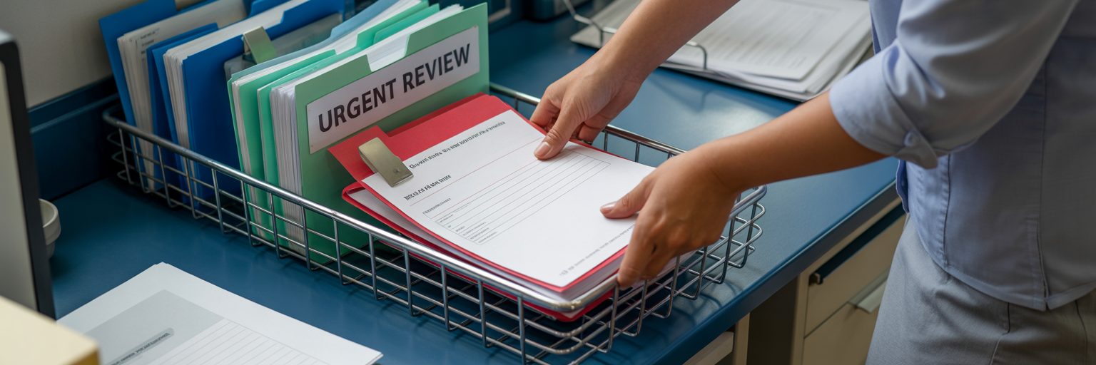 Administrator placing urgent patient file in tray