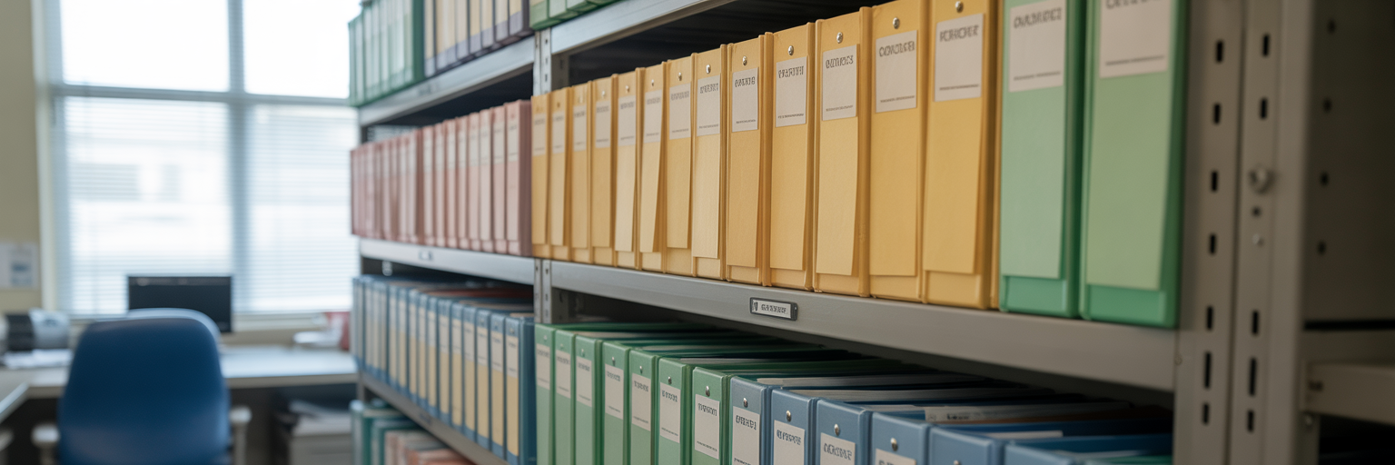 Colour-coded patient folders in filing rack