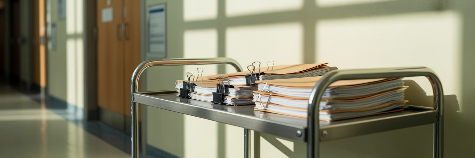 Trolley with patient case files in hospital corridor