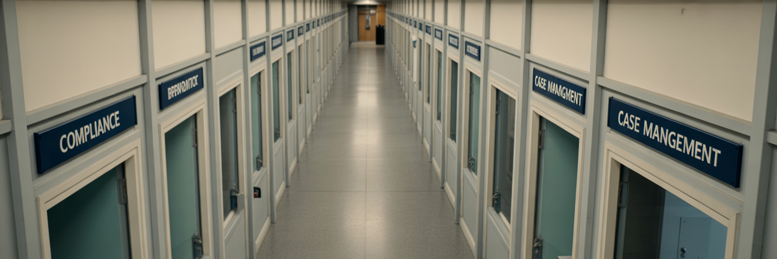 Long corridor with department doors.