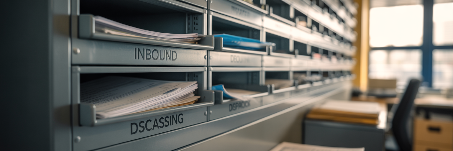 Overflowing document tray in office.