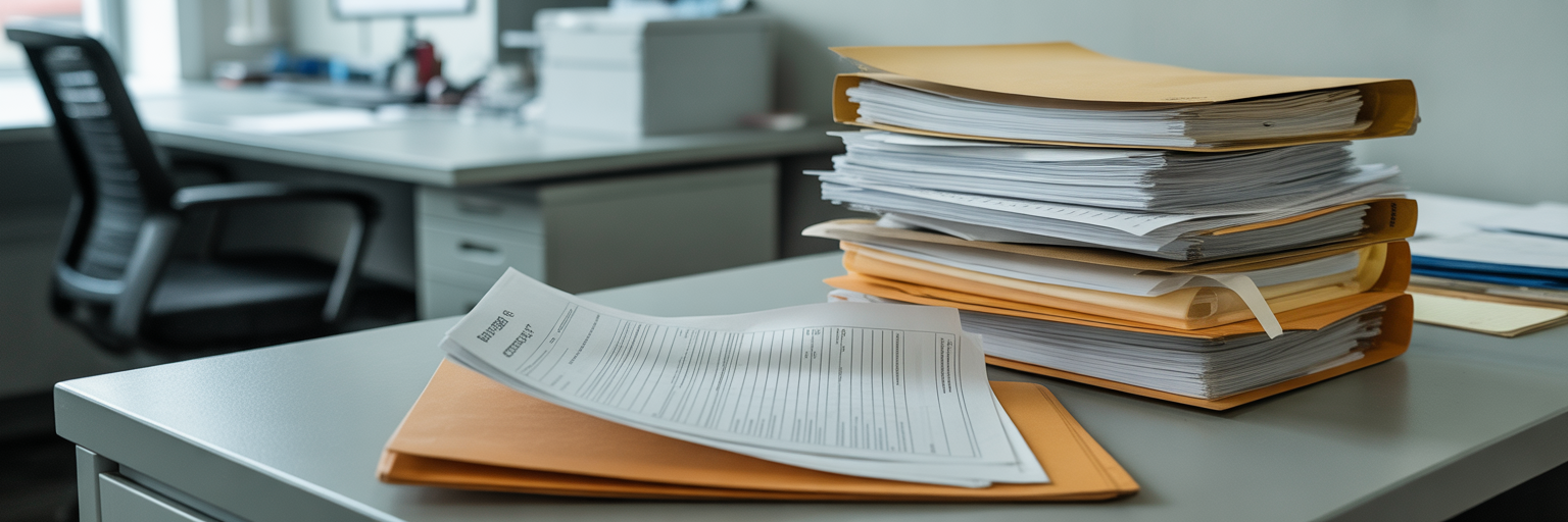 Stack of physical case files on desk.