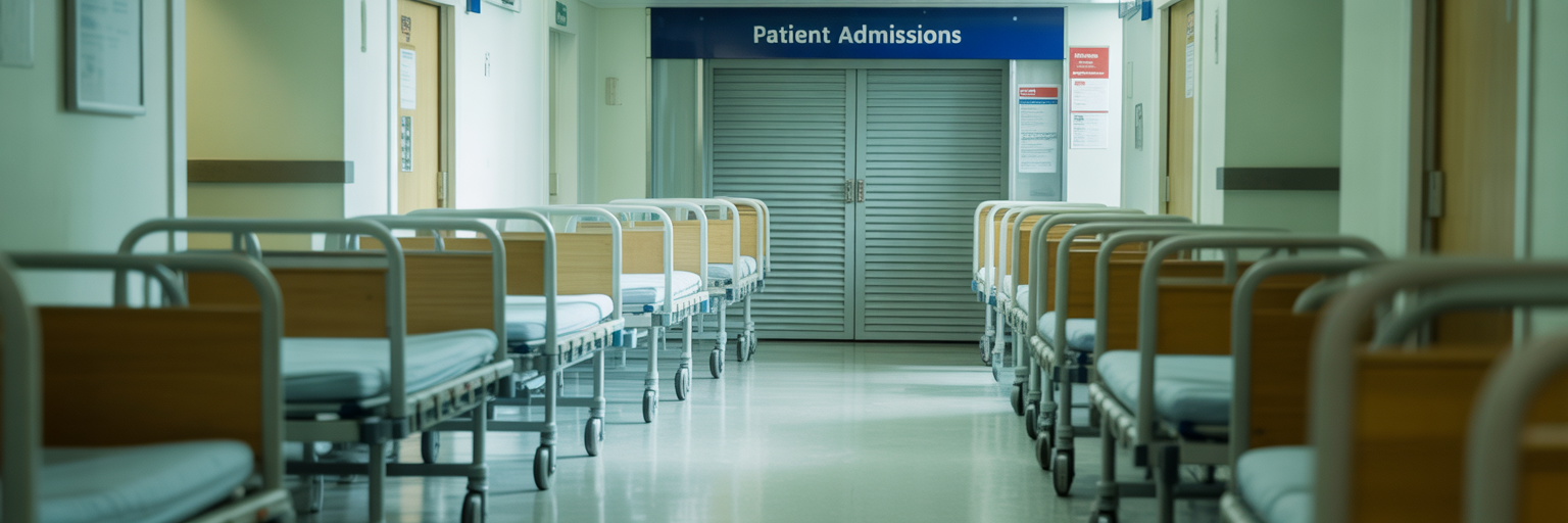 Hospital beds queuing in corridor.
