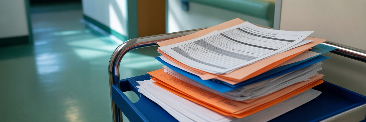 Stack of patient files on trolley.