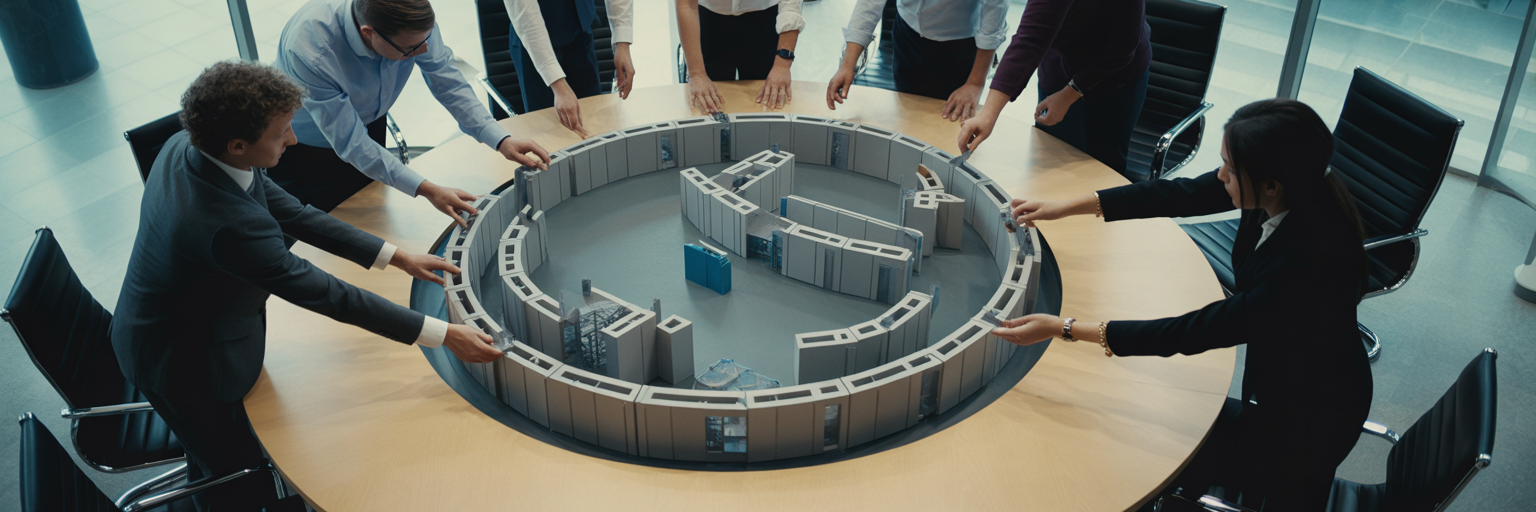 Hands building architectural model on table.