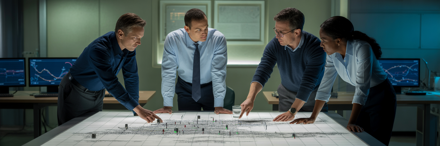 Operations team managing complex network map.