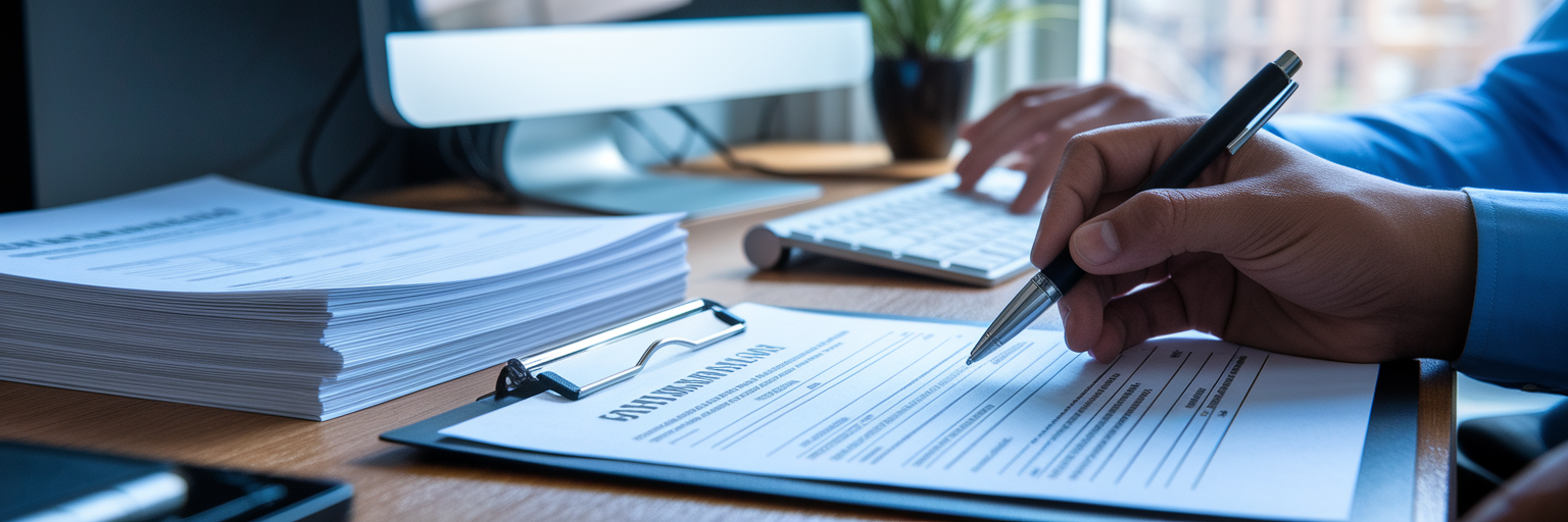 Insurance adjuster reviewing claim forms.