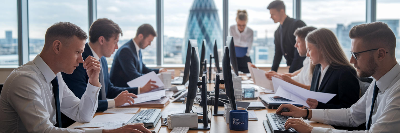 Insurance claims team working in office.
