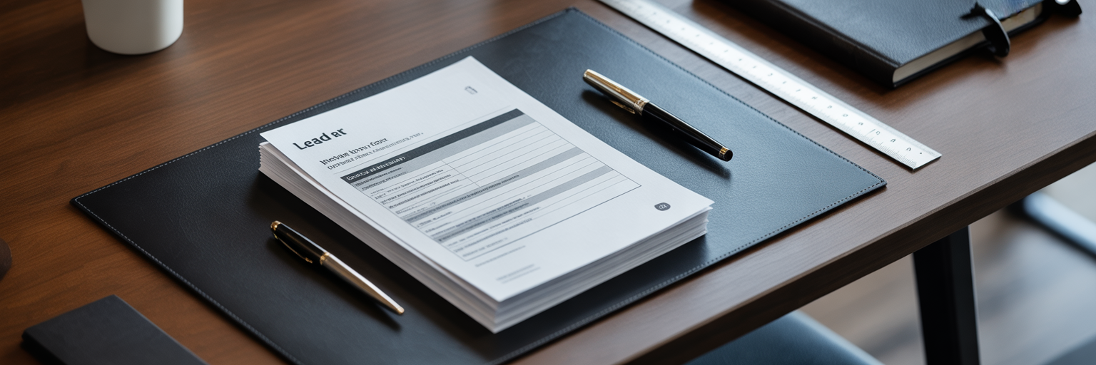 Organised stack of lead intake forms on a desk.