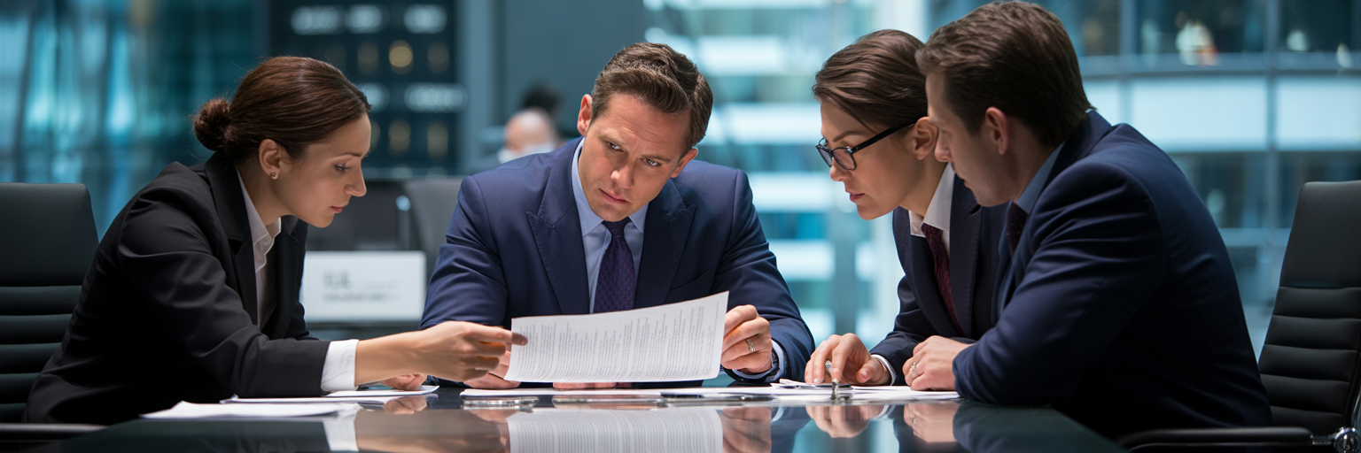 Team reviewing documents in financial services office.
