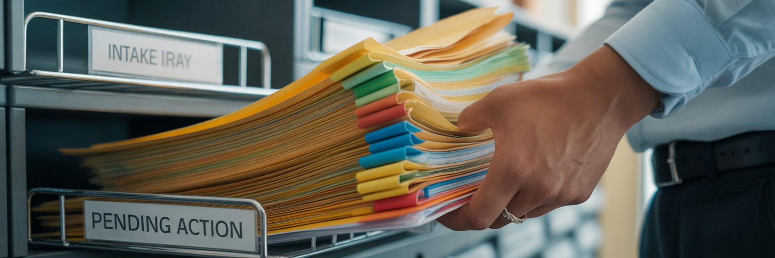 Physical lead files organised for action.