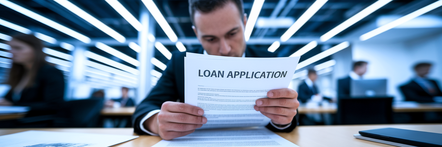 Underwriter reviewing loan application in UK office.