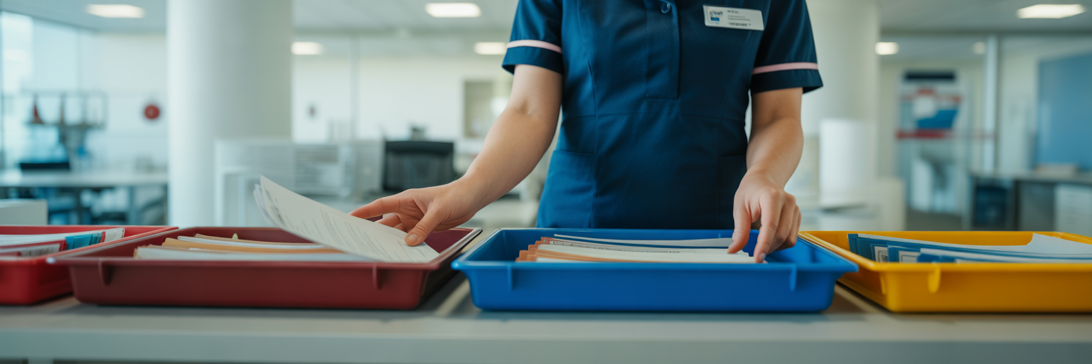 Hands sorting patient files into trays.