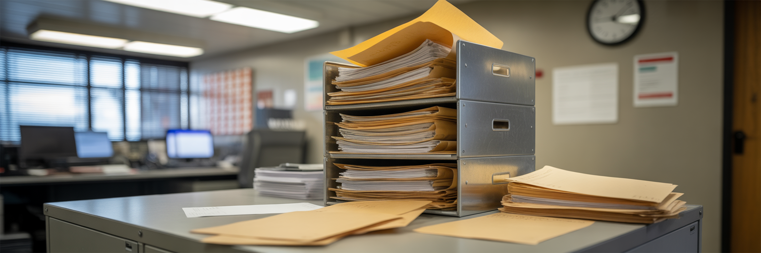 Overflowing office filing tray with case files.