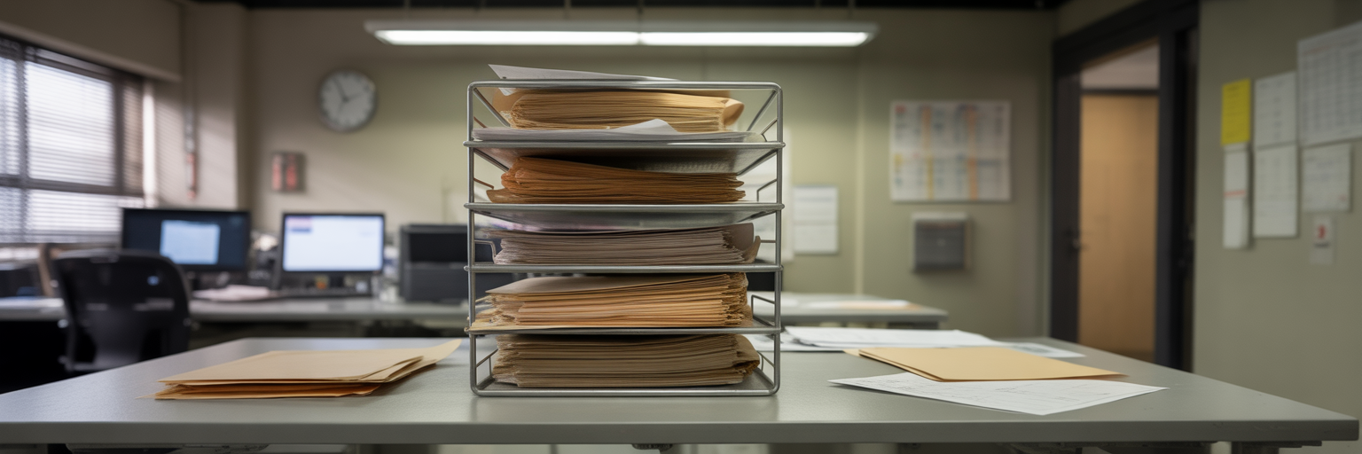 Overflowing office filing tray with case files.