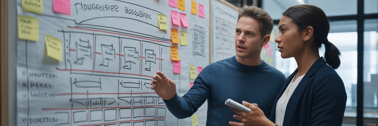 Two professionals discussing a workflow diagram.