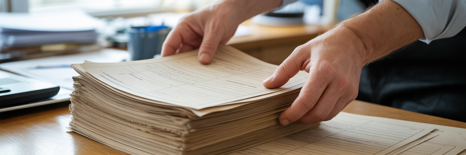 Hands manually sorting paper forms.