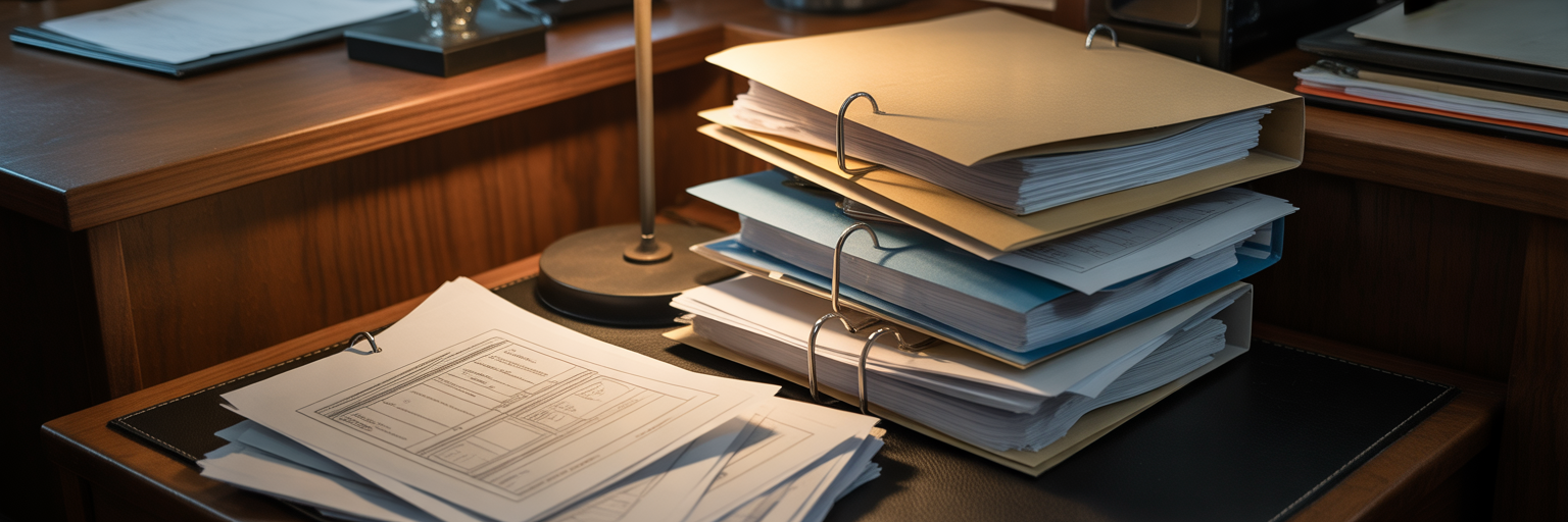 Stack of complex case files.