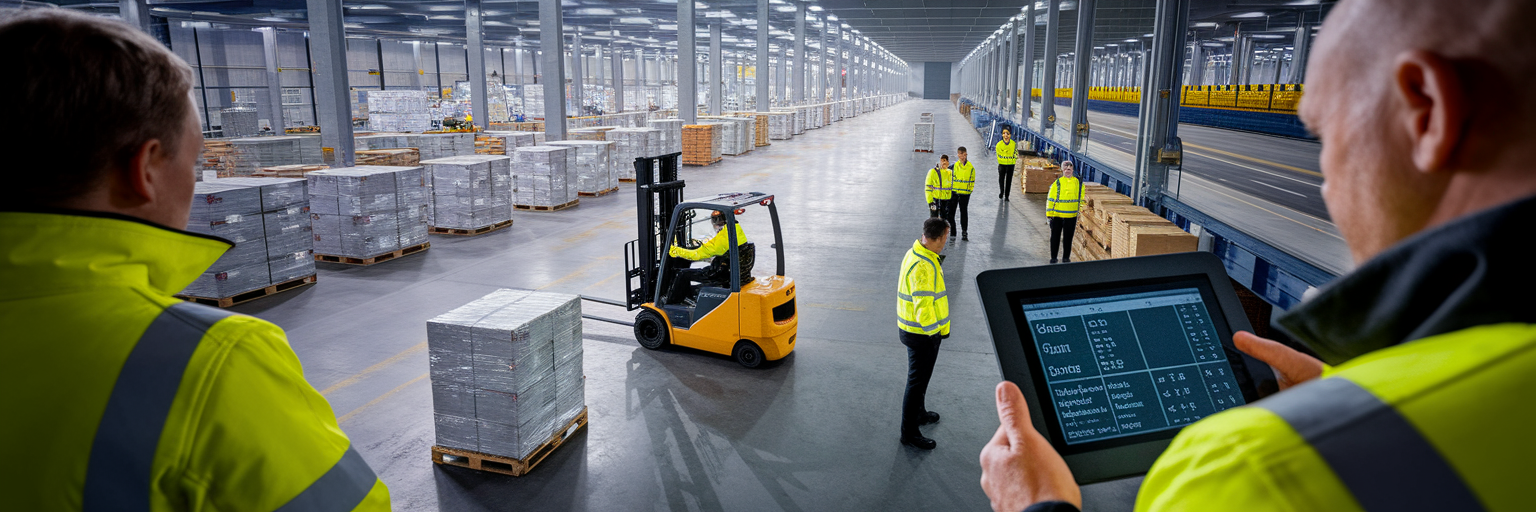Logistics team coordinating in warehouse.