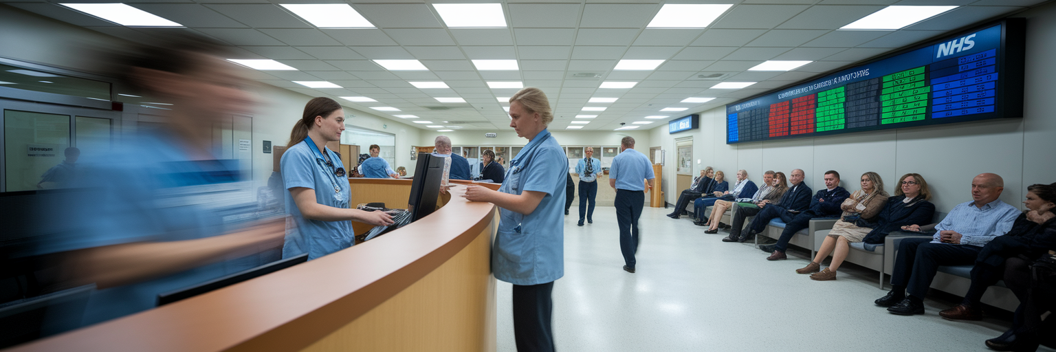 Busy NHS hospital reception area