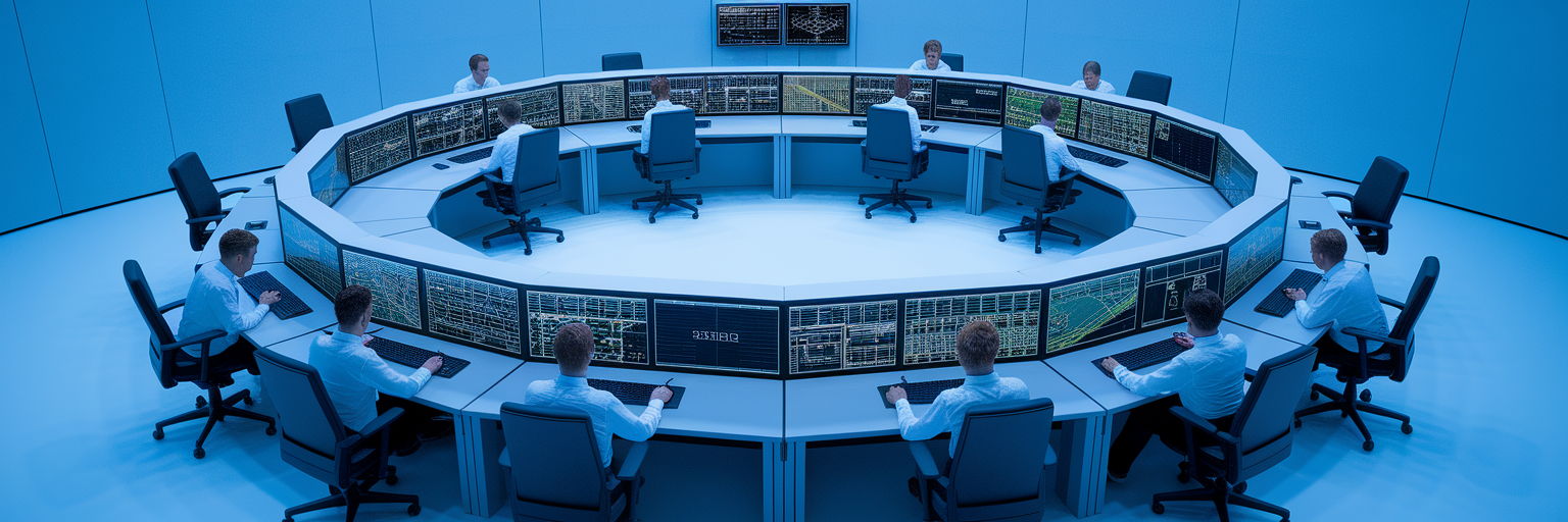 Utilities control room operations desk from above.