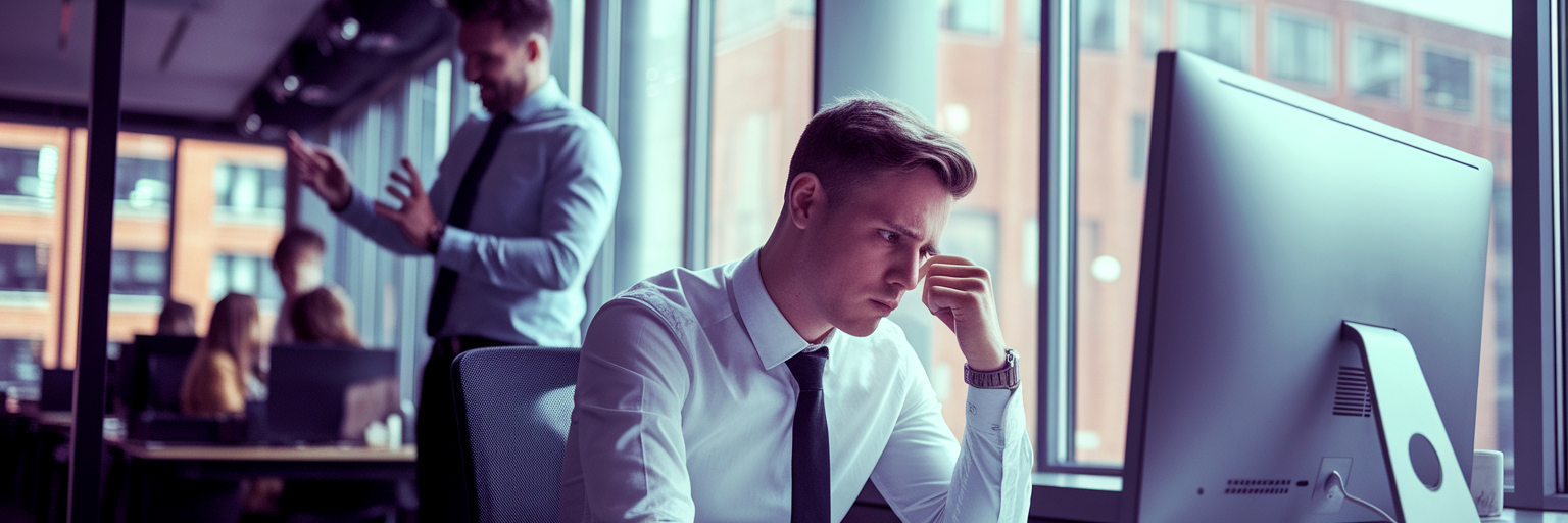 Stressed sales rep in modern office.