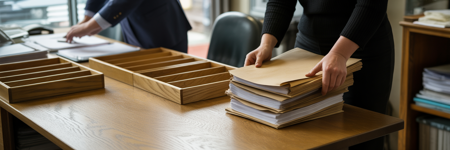 Physical case files being sorted.