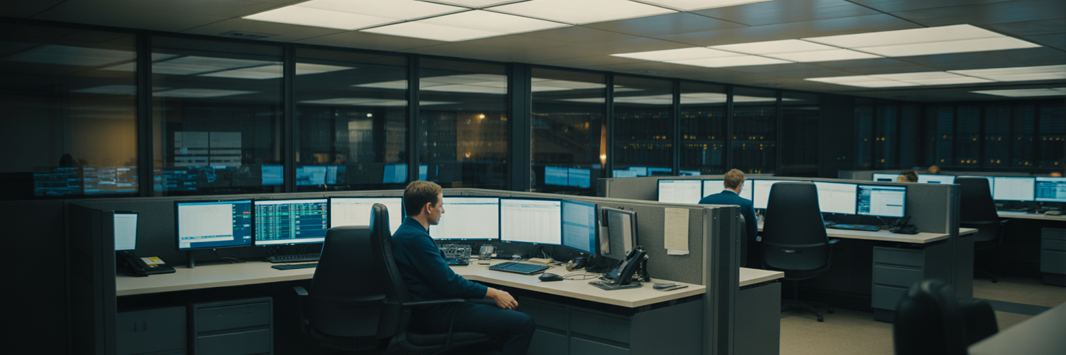 Financial services operations centre at night.